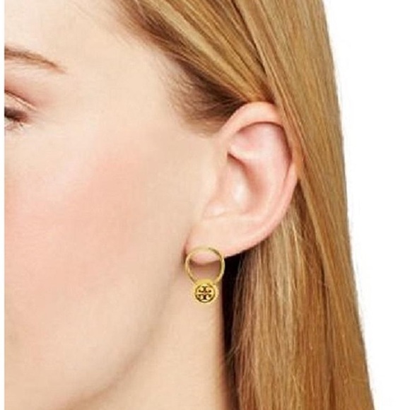 NEW Tory Burch Gold Logo Bead Hoop Drop Earrings - Picture 6 of 6
